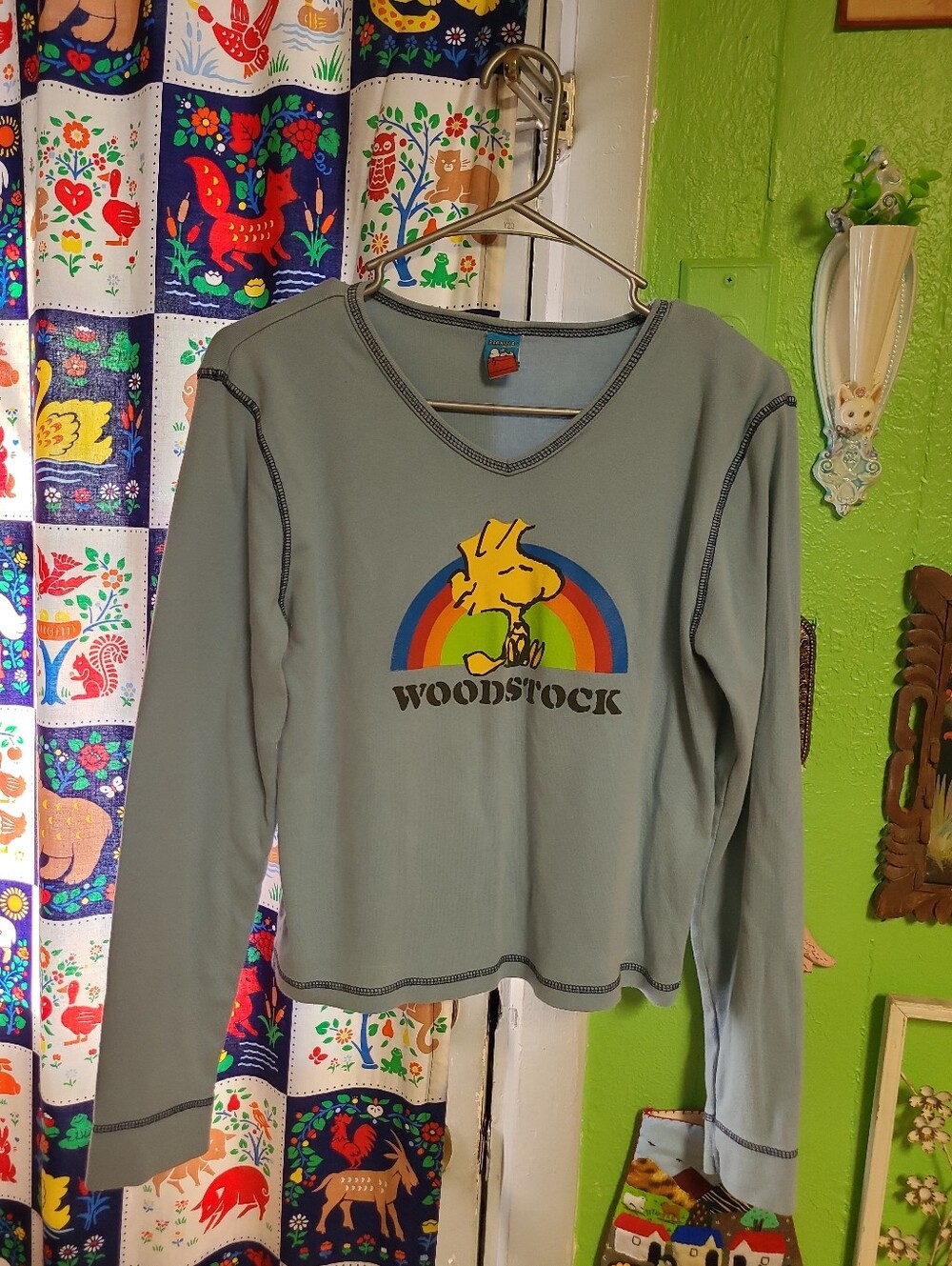 Vtg 90s Peanuts Woodstock Rainbow Crop Top Long Sleeve Baby Tee Shirt Blue